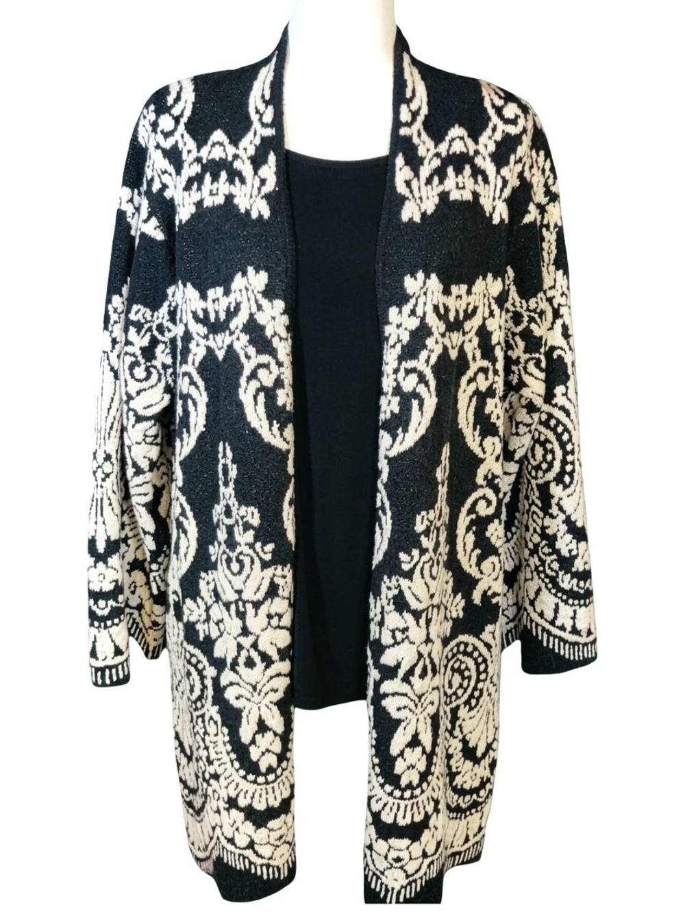 J. Jill Black White Damask Heavyweight Duster Cardigan Sweater Coat S